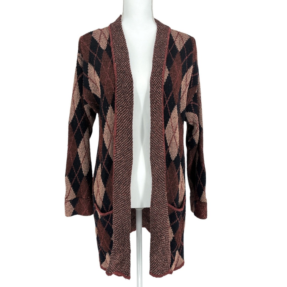 Vtg French Rags Open Front Long Cardigan Womens L Argyle Brown Black USA Made